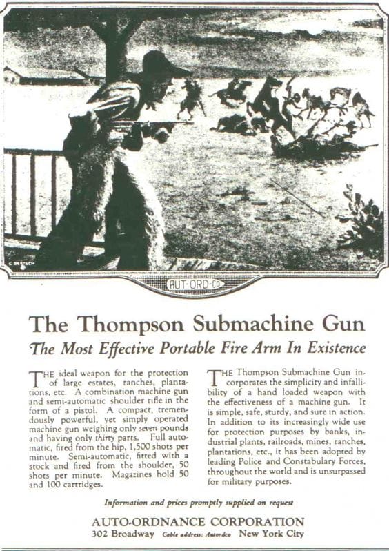 Thompson ad marketing Tommy Gun to ranchers in the 1920s - second amendment