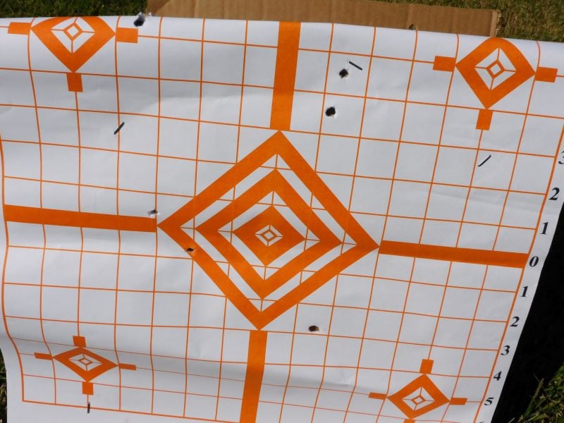 The buck shot pattern on a paper target.