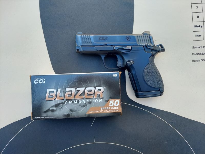 Smith & Wesson CSX with CCI Blazer ammo on paper target