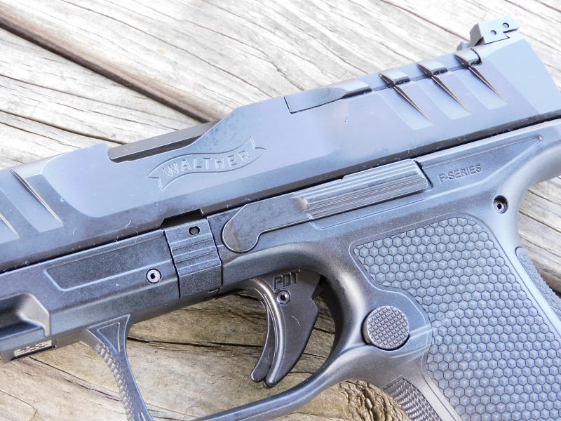 A closer look at the trigger, magazine release, and slide stop on the Walther PDP.