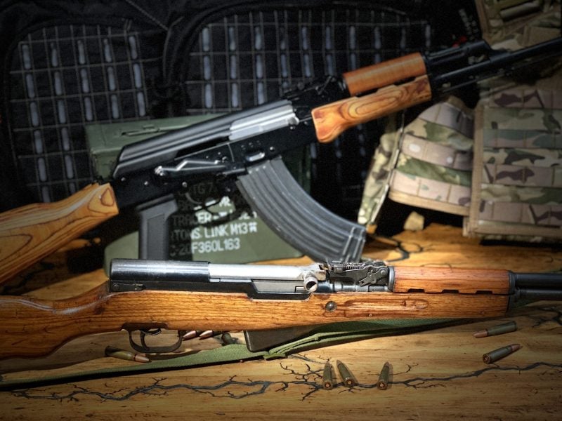 An image of the AK-47 paired with the SKS which preceded it in Soviet service.
