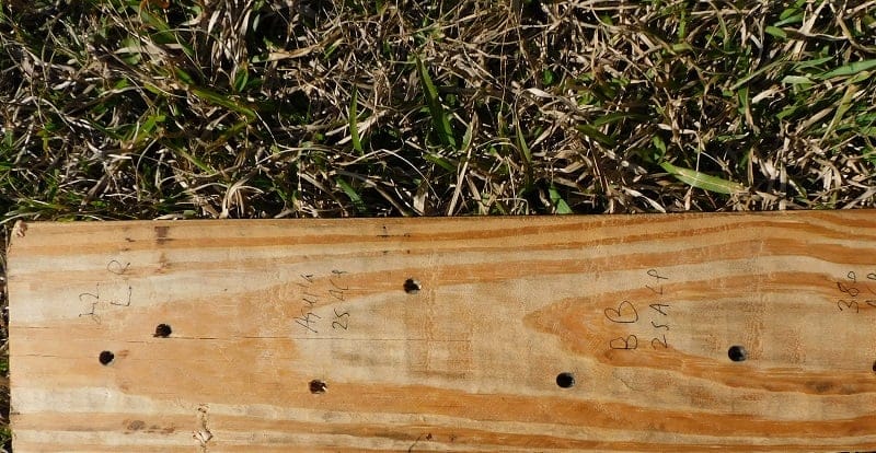 A board with bullet holes from a 22 LR, a 25 ACP, and a 380 ACP handgun.