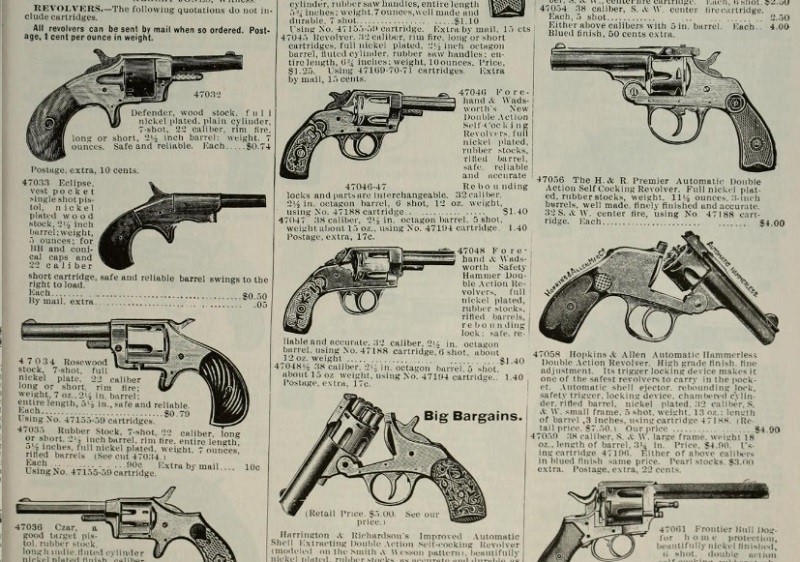 An elderly Montgomery Ward catalog featuring some of their revolvers for sale in 1895.