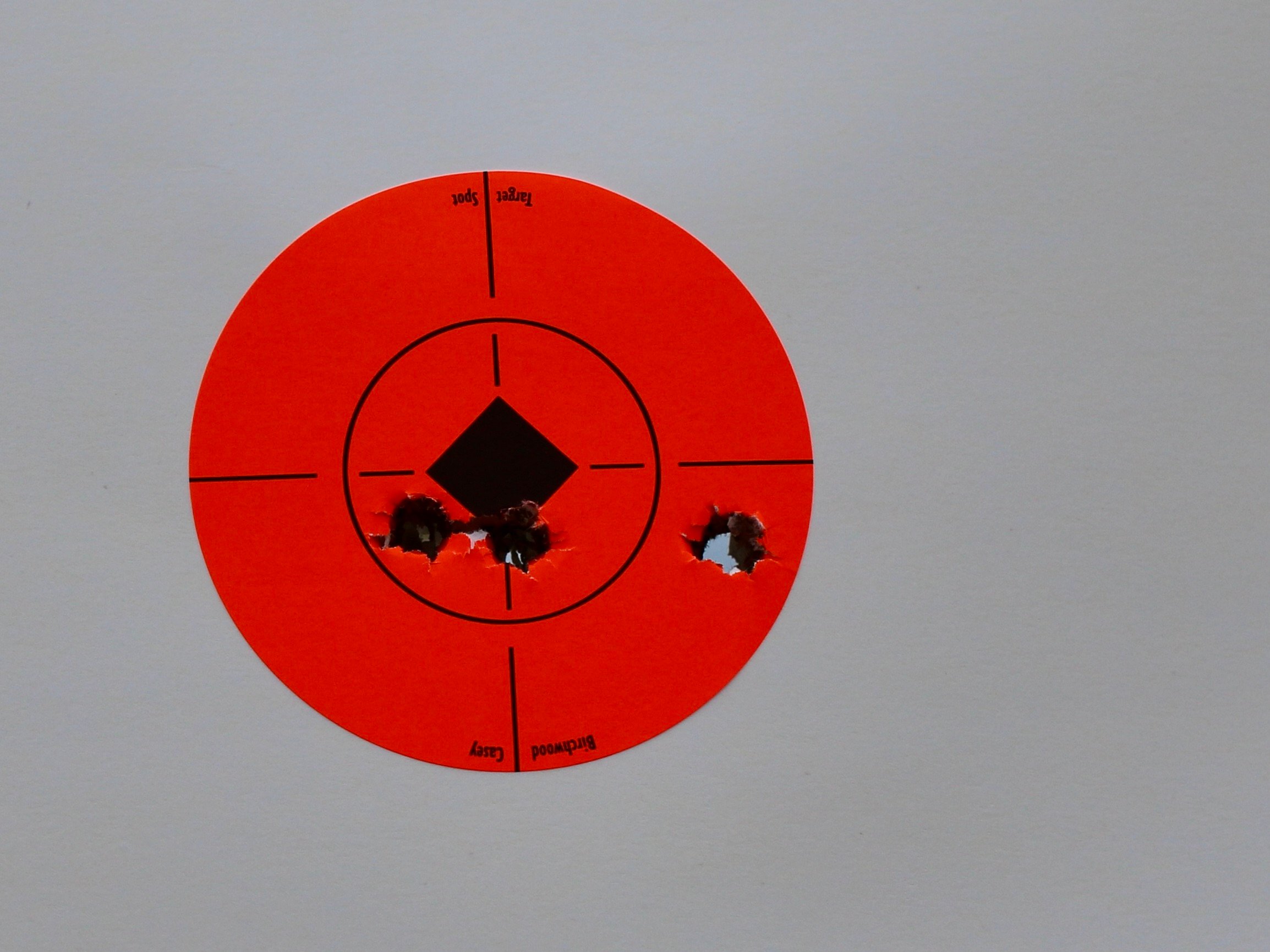 Shooting with the Ruger with a low-powered scope, the PMC performs very well. This group was shot standing, braced, but it shows what's possible. You don't have to give up accuracy, even in range ammo.