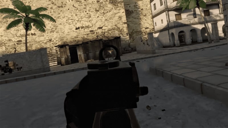 aiming rifle through a red dot in Onward VR game