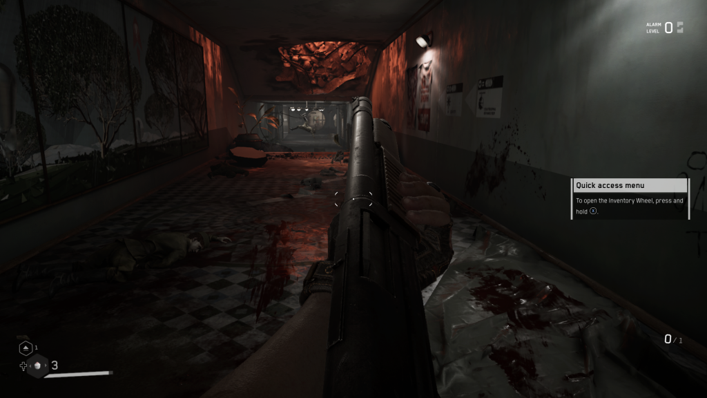 looking down a rilfe barrel in a dark room in Atomic Heart video game.