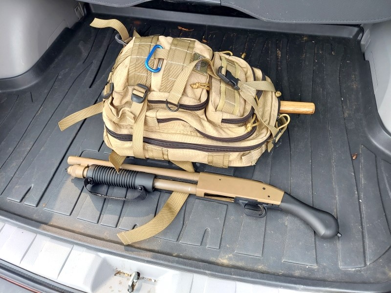 Shockwave and day pack in the cargo compartment of a car.
