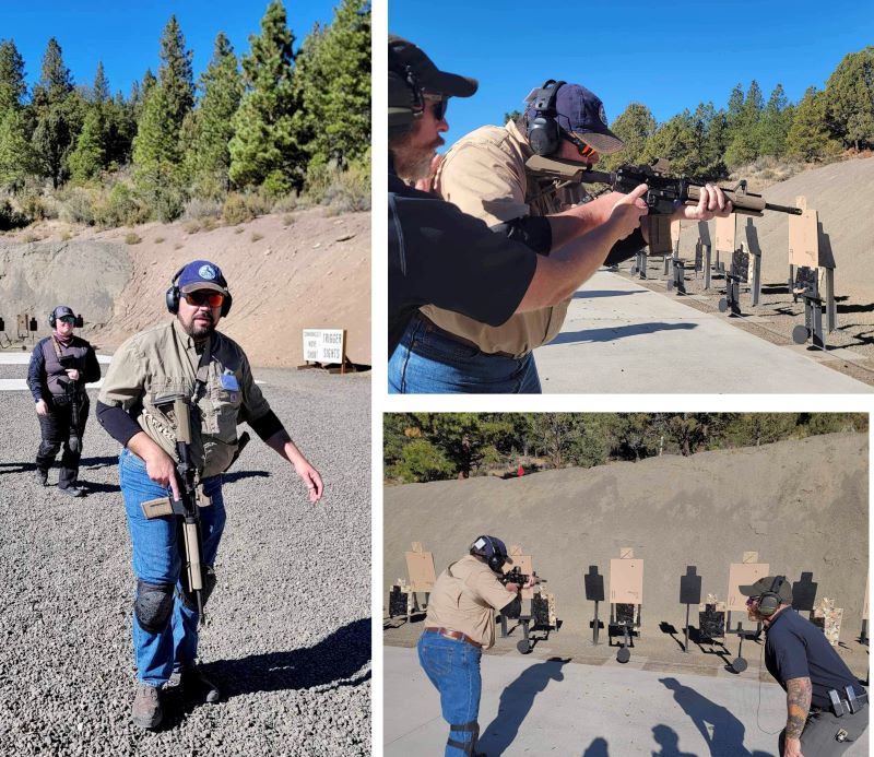 Trio of pictures: Author shooting his AR-15 while being coached