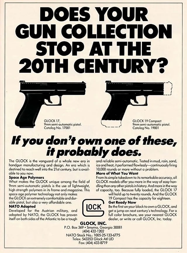 A 1989 advertisement comparing the new Glock 19 to the Glock 17
