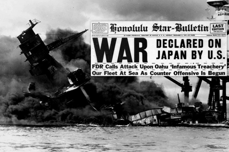 Honolulu Star-Bulletin headline against the backdrop of Pearl Harbor.