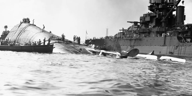 The capsized USS Oklahoma at Pearl Harbor