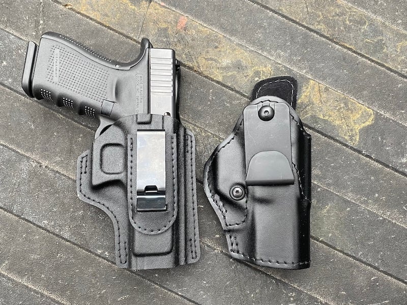 The Model 17, on the left, is about as low-profile as IWB holsters get. On the right, the Model 27 is much more polished and hooks under the belt.