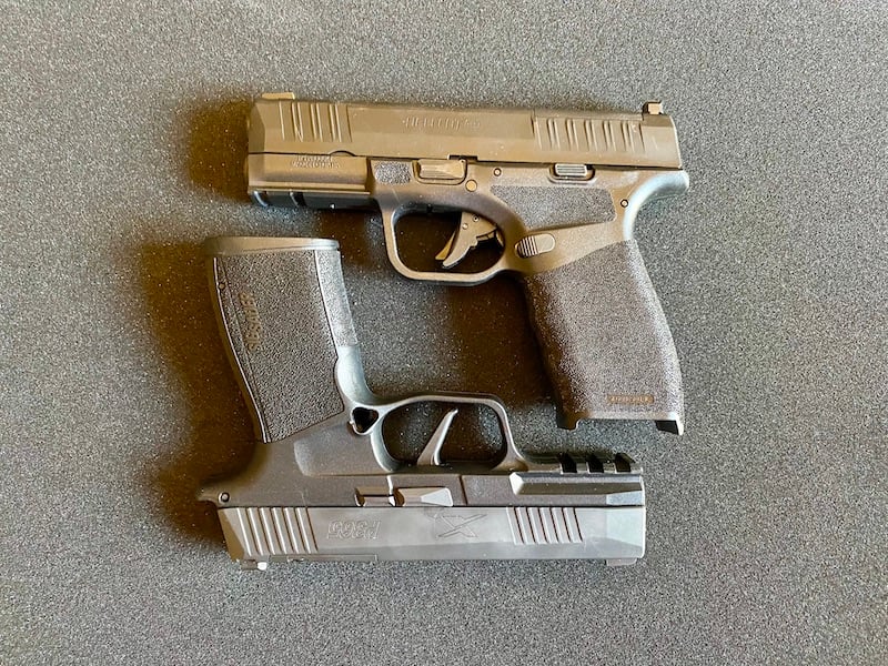 The size of these two guns is almost identical. The ergonomics are similar. The Hellcat Pro has more texture, high on the grip, but the rest is comparable.