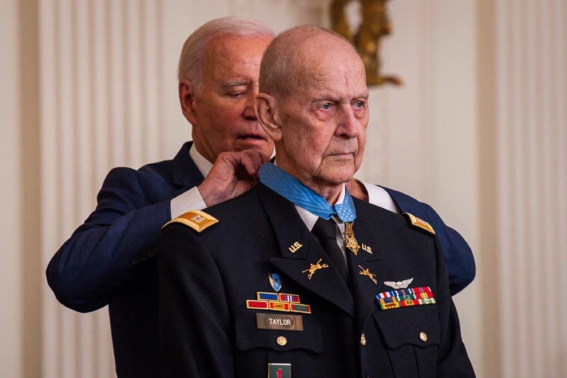 President Joe Biden presents the Medal of Honor to former Army Capt. Larry L. Taylor