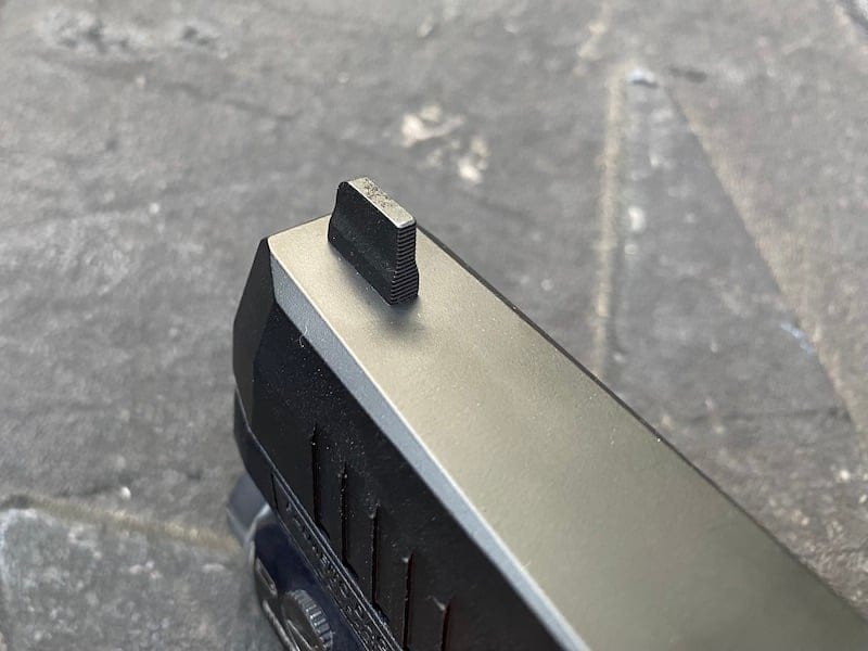 The front sight on the Dagger--this one at least--is very thin. This blade makes shooting for accuracy much more reliable, but it is not as fast to acquire as some some fatter dot front sights.