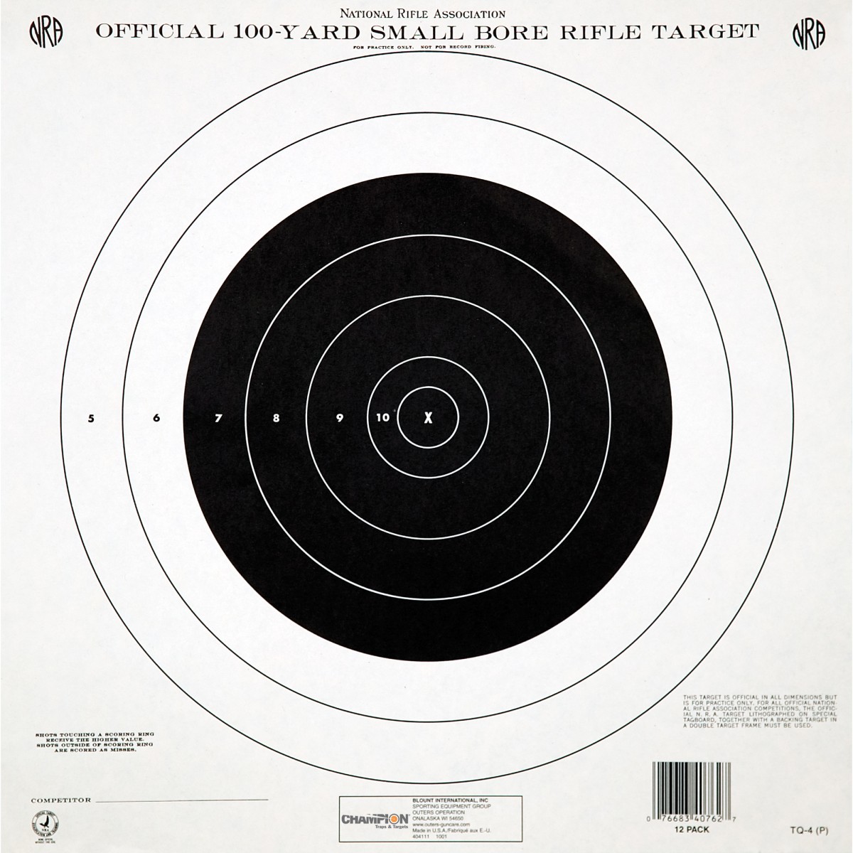 Champion GTQ4 NRA 100Yard Single Bullseye Target 12Pack