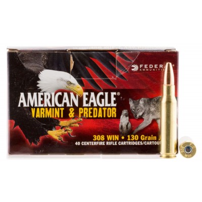 Federal American Eagle Varmint & Predator .308 Winchester Ammo 130gr JHP 40 Rounds