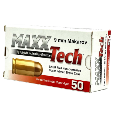 Maxxtech 9x18 Makarov Ammo 92gr FMJ 50 Rounds
