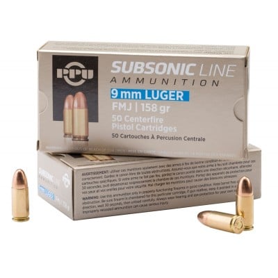 PPU Subsonic 9mm Ammo 158gr FMJ 50 Rounds