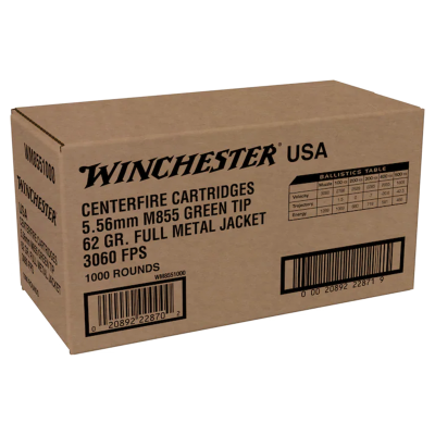 Winchester USA 5.56x45mm 62gr M855 Green Tip 1000-Round Case