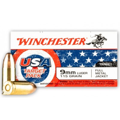 Winchester USA 9mm Ammo 115gr FMJ Target Pack 50-Round Box