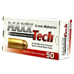 Maxxtech 9x18mm Makarov Ammo 92gr FMJ 50 Rounds