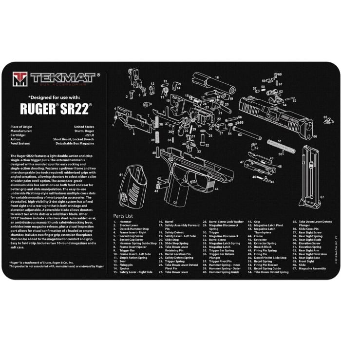 TekMat Ruger SR 9 / SR 40 Gun Cleaning Mat - Oversized Firearm Maintenance Mat